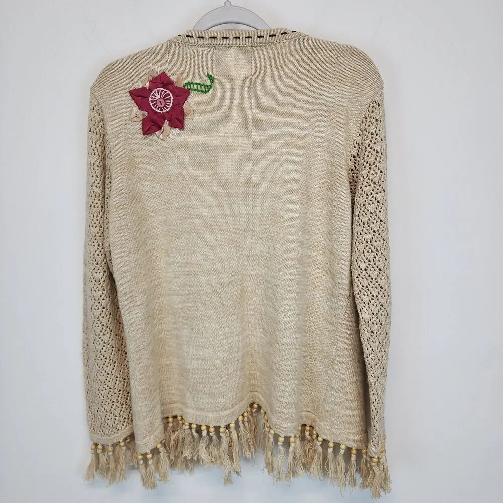 Storybook Knits Cardigan Sweater Size M Beige Crochet Fringe Granny Vintage